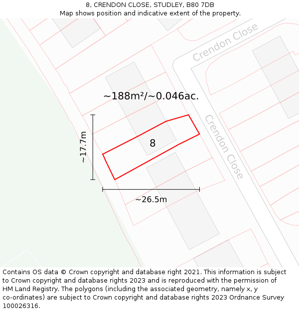 8, CRENDON CLOSE, STUDLEY, B80 7DB: Plot and title map