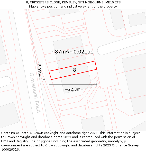 8, CRICKETERS CLOSE, KEMSLEY, SITTINGBOURNE, ME10 2TB: Plot and title map