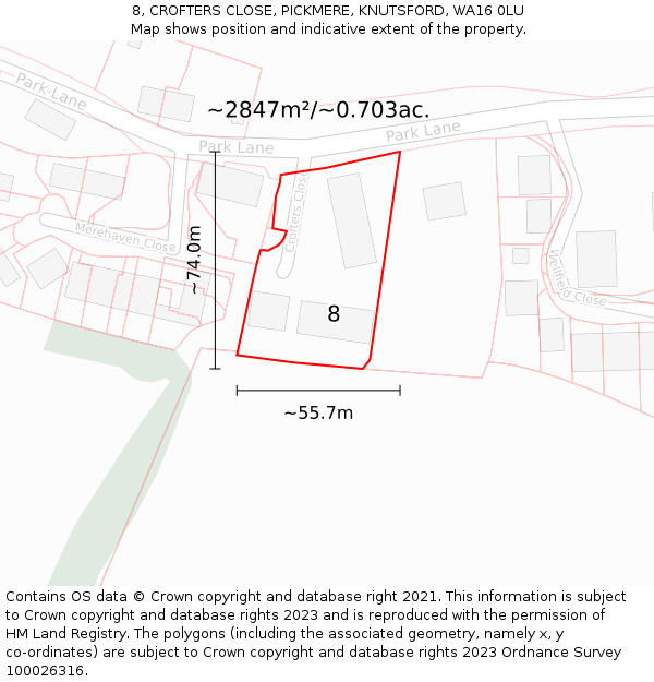 8, CROFTERS CLOSE, PICKMERE, KNUTSFORD, WA16 0LU: Plot and title map