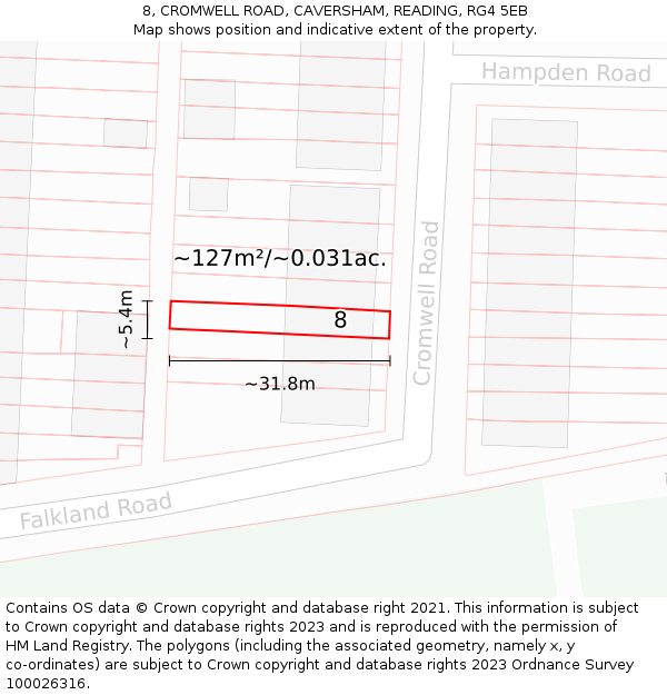 8, CROMWELL ROAD, CAVERSHAM, READING, RG4 5EB: Plot and title map
