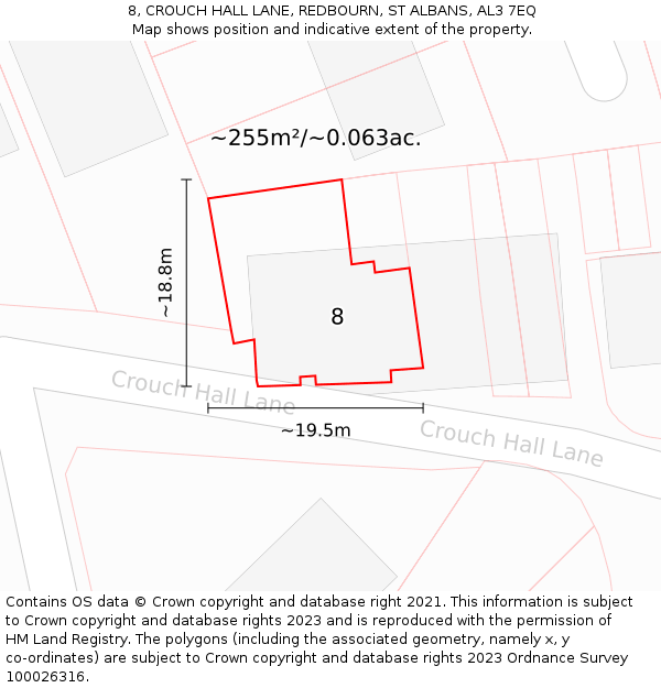 8, CROUCH HALL LANE, REDBOURN, ST ALBANS, AL3 7EQ: Plot and title map