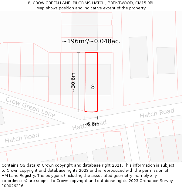 8, CROW GREEN LANE, PILGRIMS HATCH, BRENTWOOD, CM15 9RL: Plot and title map