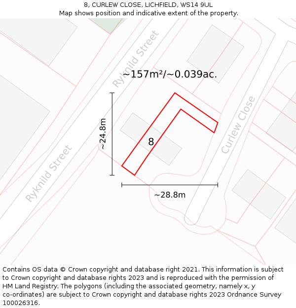 8, CURLEW CLOSE, LICHFIELD, WS14 9UL: Plot and title map