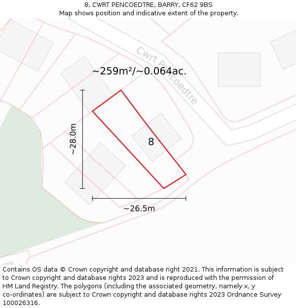 8, CWRT PENCOEDTRE, BARRY, CF62 9BS: Plot and title map