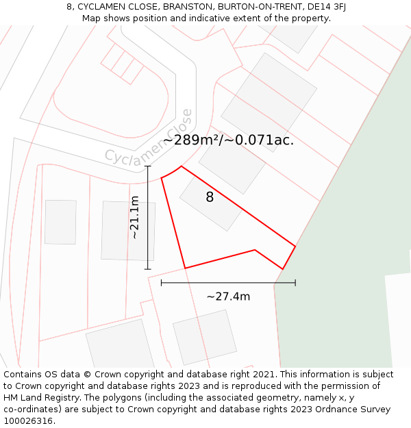 8, CYCLAMEN CLOSE, BRANSTON, BURTON-ON-TRENT, DE14 3FJ: Plot and title map