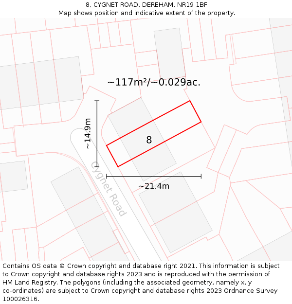 8, CYGNET ROAD, DEREHAM, NR19 1BF: Plot and title map