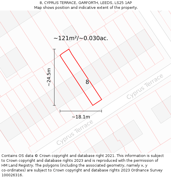8, CYPRUS TERRACE, GARFORTH, LEEDS, LS25 1AP: Plot and title map