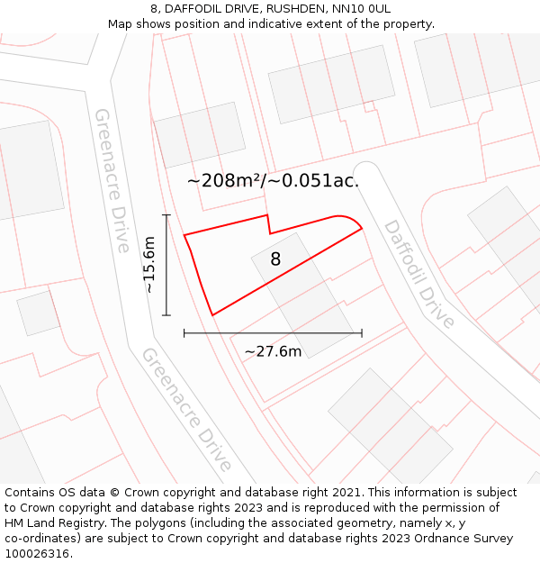 8, DAFFODIL DRIVE, RUSHDEN, NN10 0UL: Plot and title map