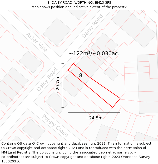 8, DAISY ROAD, WORTHING, BN13 3FS: Plot and title map