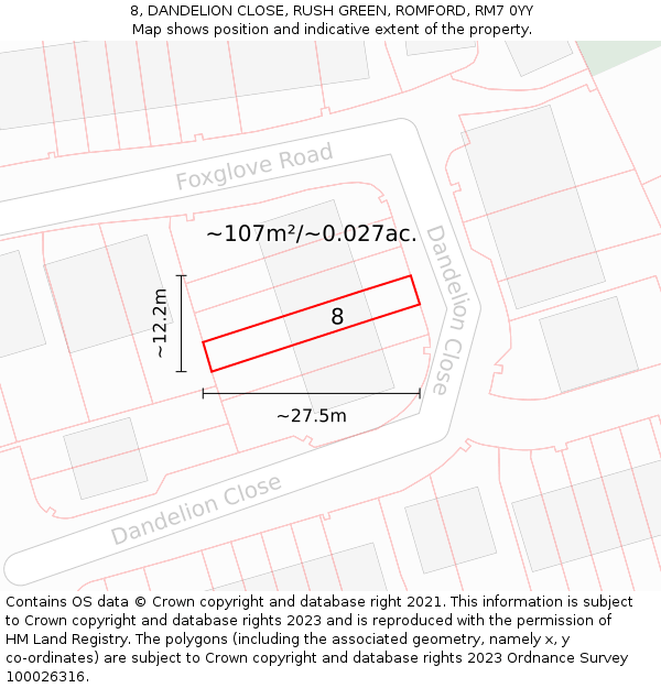 8, DANDELION CLOSE, RUSH GREEN, ROMFORD, RM7 0YY: Plot and title map
