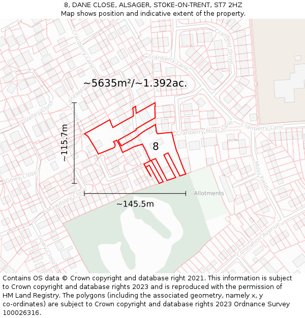 8, DANE CLOSE, ALSAGER, STOKE-ON-TRENT, ST7 2HZ: Plot and title map