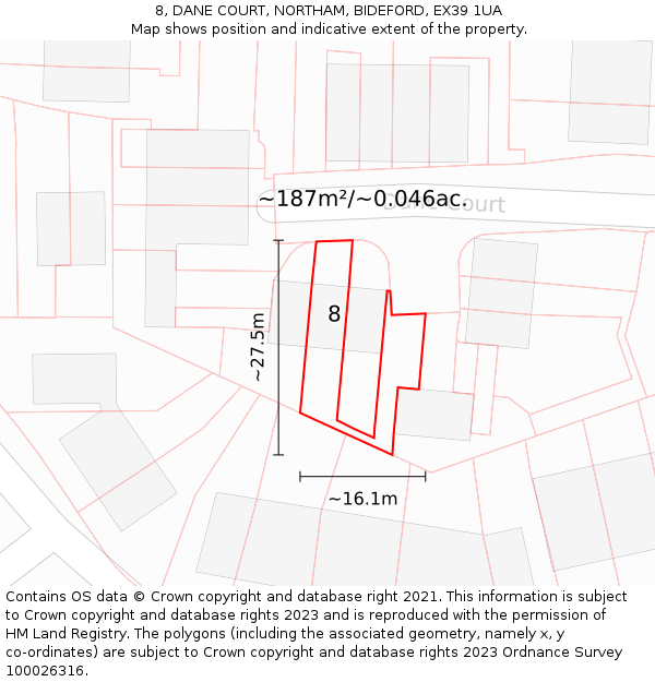 8, DANE COURT, NORTHAM, BIDEFORD, EX39 1UA: Plot and title map