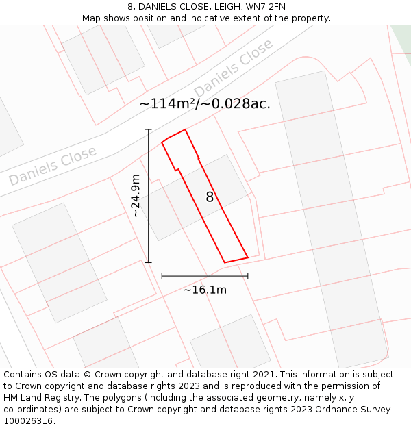8, DANIELS CLOSE, LEIGH, WN7 2FN: Plot and title map