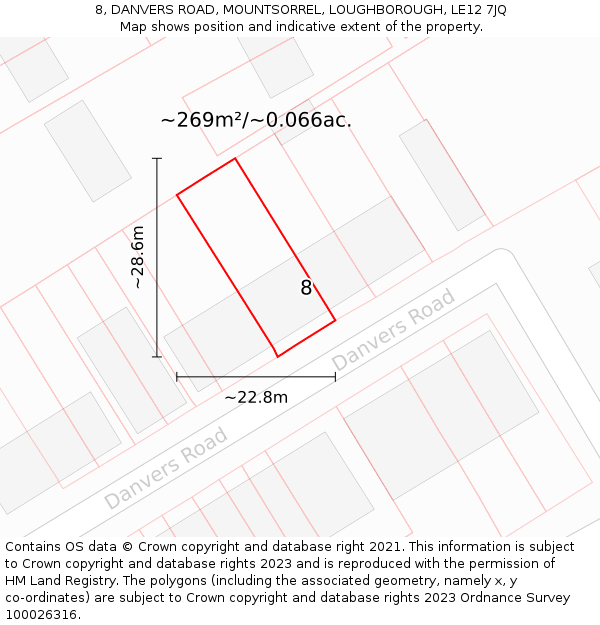 8, DANVERS ROAD, MOUNTSORREL, LOUGHBOROUGH, LE12 7JQ: Plot and title map