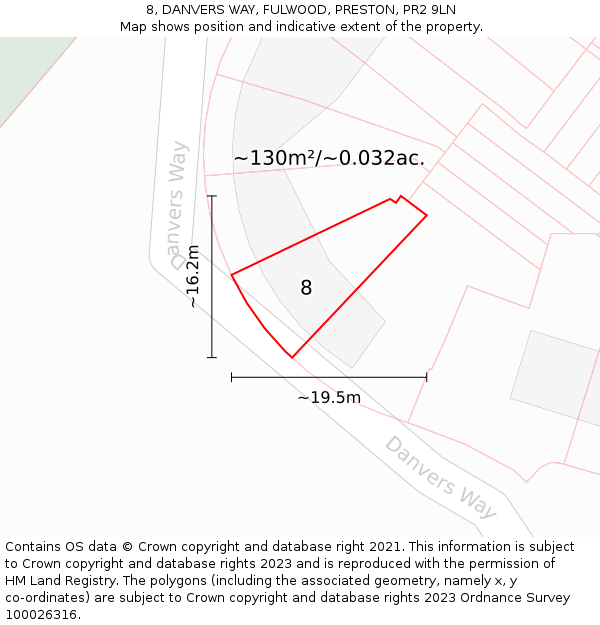 8, DANVERS WAY, FULWOOD, PRESTON, PR2 9LN: Plot and title map