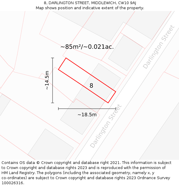 8, DARLINGTON STREET, MIDDLEWICH, CW10 9AJ: Plot and title map