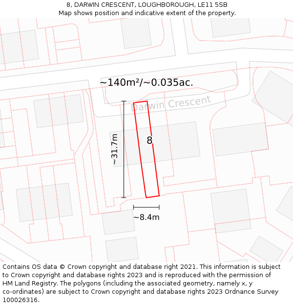 8, DARWIN CRESCENT, LOUGHBOROUGH, LE11 5SB: Plot and title map