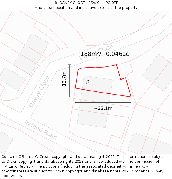 8, DAVEY CLOSE, IPSWICH, IP3 0EF: Plot and title map