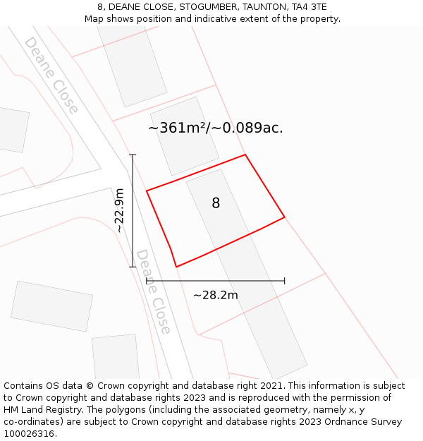 8, DEANE CLOSE, STOGUMBER, TAUNTON, TA4 3TE: Plot and title map