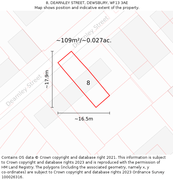 8, DEARNLEY STREET, DEWSBURY, WF13 3AE: Plot and title map