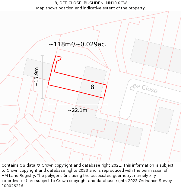 8, DEE CLOSE, RUSHDEN, NN10 0GW: Plot and title map