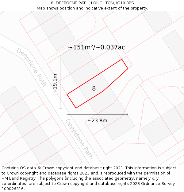 8, DEEPDENE PATH, LOUGHTON, IG10 3PS: Plot and title map