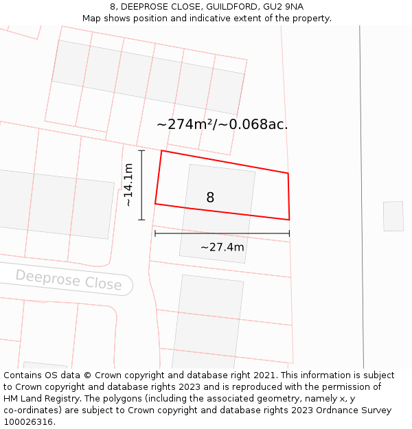 8, DEEPROSE CLOSE, GUILDFORD, GU2 9NA: Plot and title map