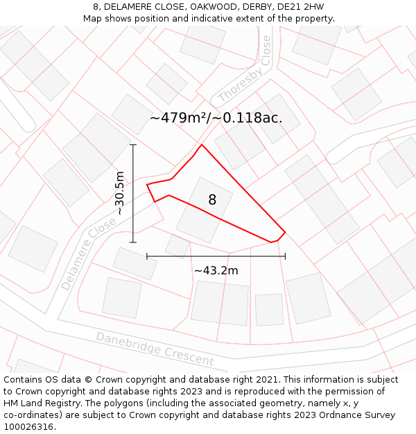 8, DELAMERE CLOSE, OAKWOOD, DERBY, DE21 2HW: Plot and title map