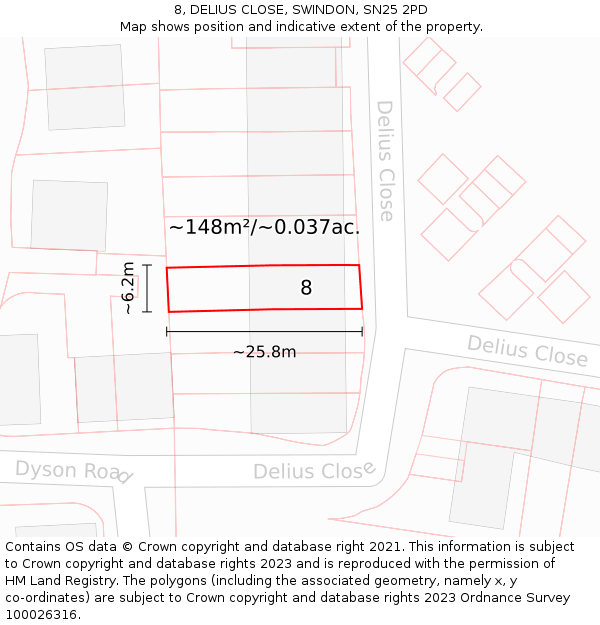 8, DELIUS CLOSE, SWINDON, SN25 2PD: Plot and title map