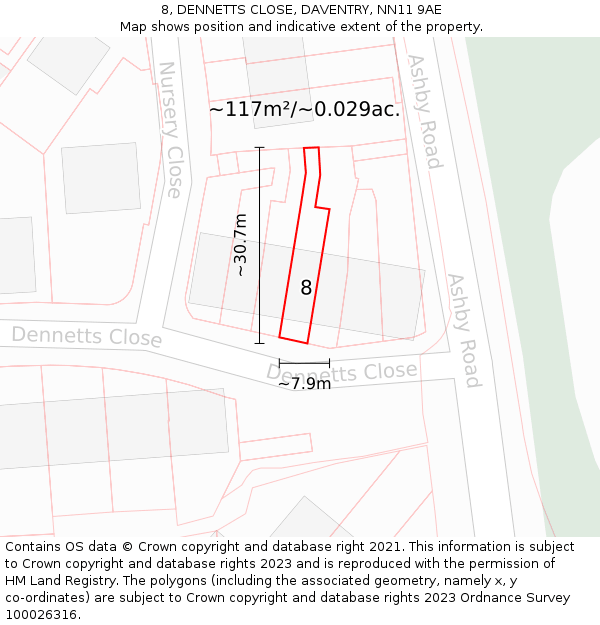 8, DENNETTS CLOSE, DAVENTRY, NN11 9AE: Plot and title map