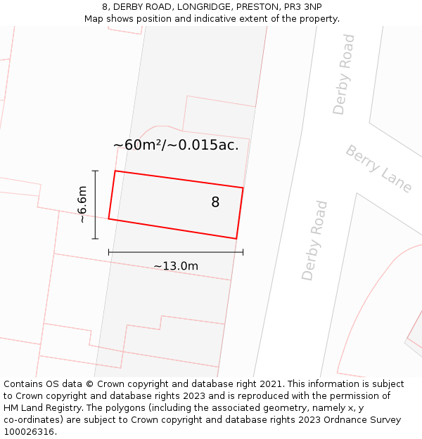 8, DERBY ROAD, LONGRIDGE, PRESTON, PR3 3NP: Plot and title map