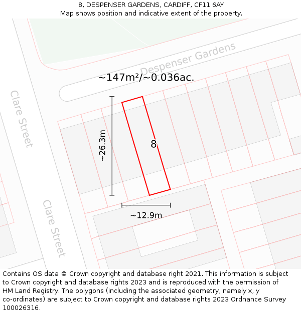 8, DESPENSER GARDENS, CARDIFF, CF11 6AY: Plot and title map