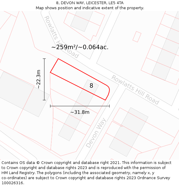 8, DEVON WAY, LEICESTER, LE5 4TA: Plot and title map