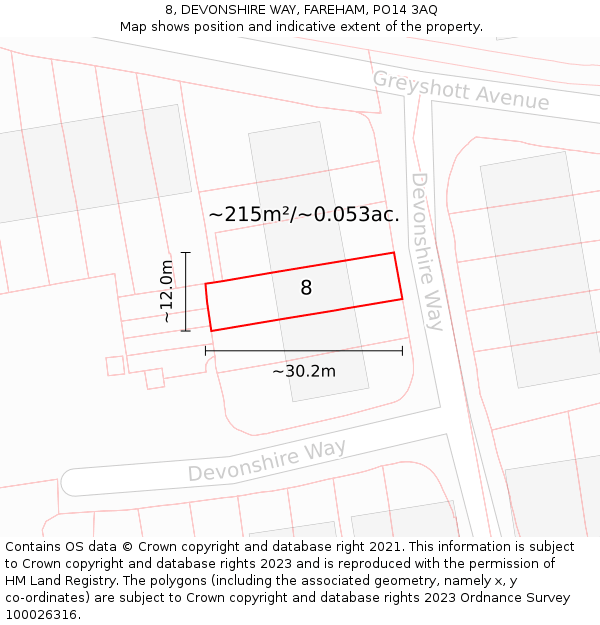 8, DEVONSHIRE WAY, FAREHAM, PO14 3AQ: Plot and title map