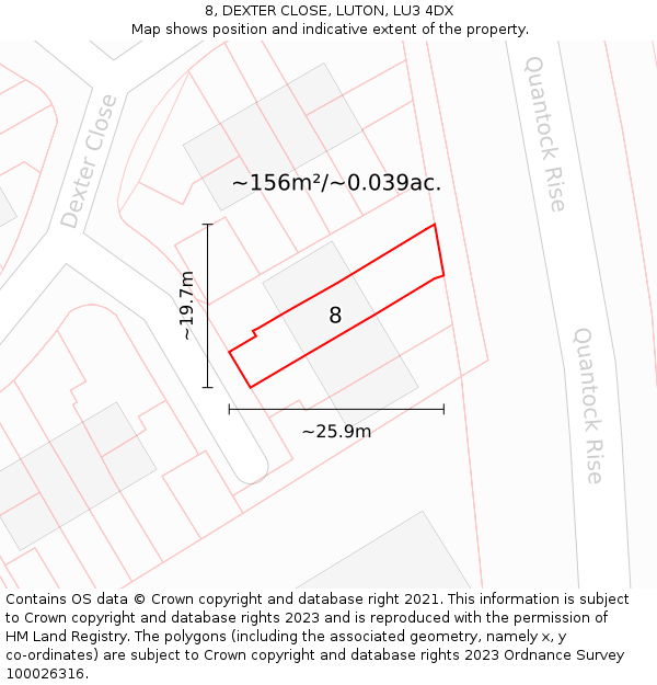 8, DEXTER CLOSE, LUTON, LU3 4DX: Plot and title map