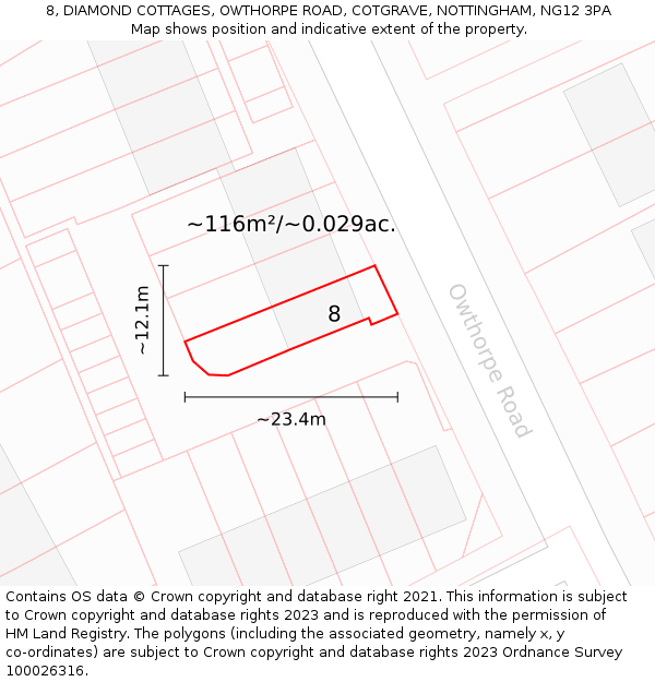8, DIAMOND COTTAGES, OWTHORPE ROAD, COTGRAVE, NOTTINGHAM, NG12 3PA: Plot and title map