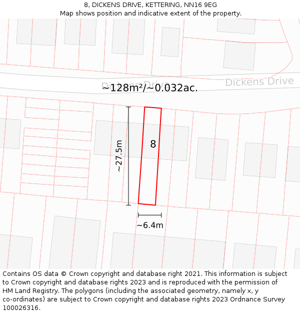 8, DICKENS DRIVE, KETTERING, NN16 9EG: Plot and title map