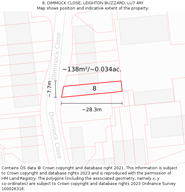 8, DIMMOCK CLOSE, LEIGHTON BUZZARD, LU7 4RY: Plot and title map