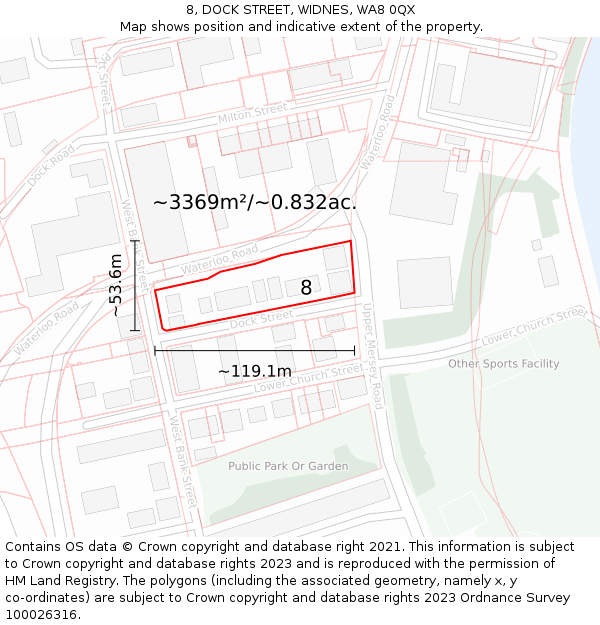 8, DOCK STREET, WIDNES, WA8 0QX: Plot and title map