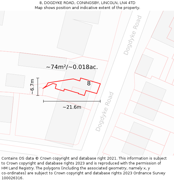 8, DOGDYKE ROAD, CONINGSBY, LINCOLN, LN4 4TD: Plot and title map