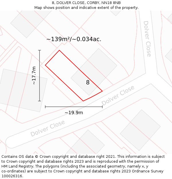 8, DOLVER CLOSE, CORBY, NN18 8NB: Plot and title map