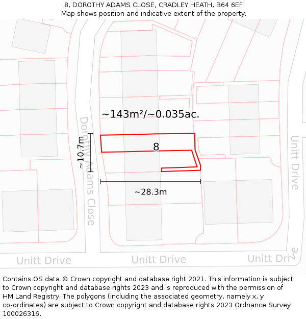 8, DOROTHY ADAMS CLOSE, CRADLEY HEATH, B64 6EF: Plot and title map