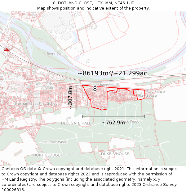 8, DOTLAND CLOSE, HEXHAM, NE46 1UF: Plot and title map