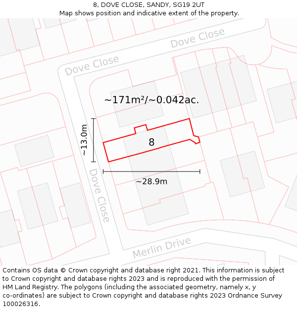 8, DOVE CLOSE, SANDY, SG19 2UT: Plot and title map