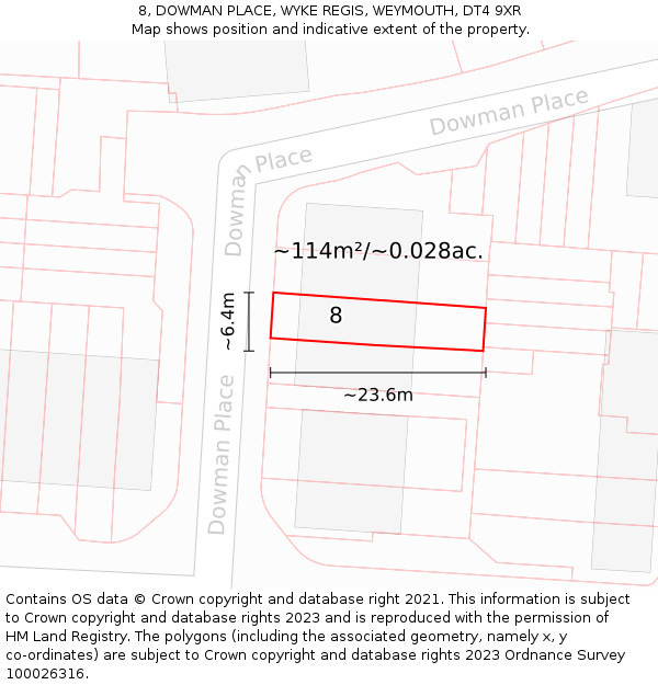 8, DOWMAN PLACE, WYKE REGIS, WEYMOUTH, DT4 9XR: Plot and title map