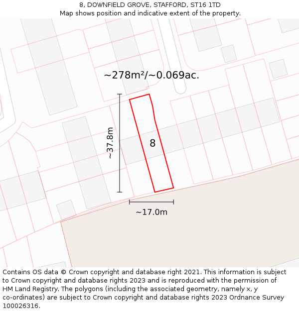 8, DOWNFIELD GROVE, STAFFORD, ST16 1TD: Plot and title map