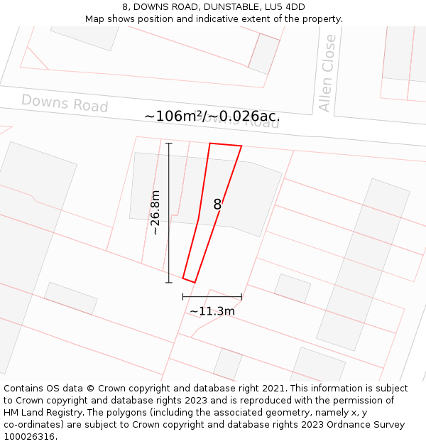 8, DOWNS ROAD, DUNSTABLE, LU5 4DD: Plot and title map