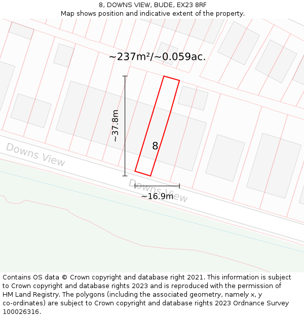 8, DOWNS VIEW, BUDE, EX23 8RF: Plot and title map