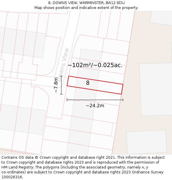 8, DOWNS VIEW, WARMINSTER, BA12 9DU: Plot and title map
