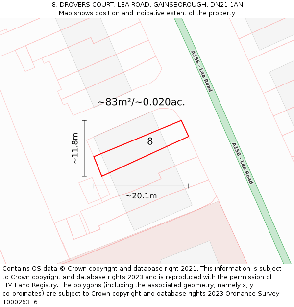8, DROVERS COURT, LEA ROAD, GAINSBOROUGH, DN21 1AN: Plot and title map
